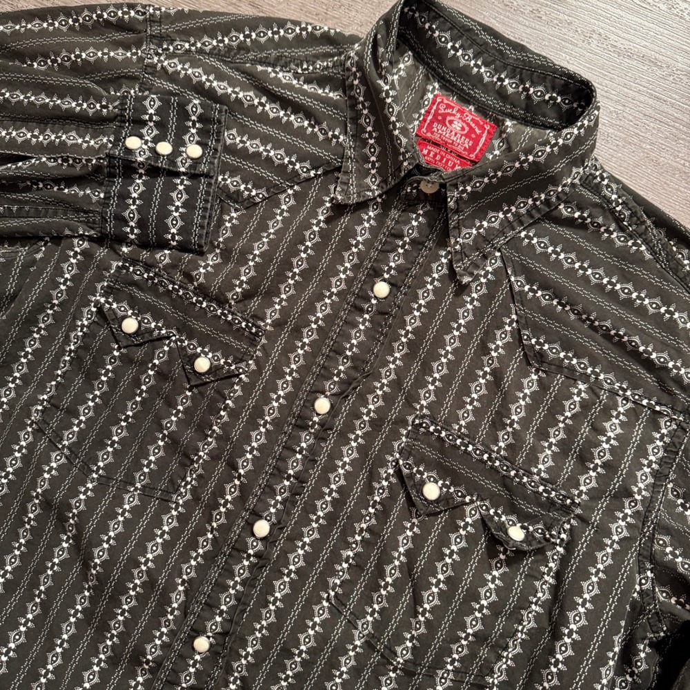 Lucky Brand Western Shirt Mens Medium Black White Cotton Sawtooth Cowboy Pattern